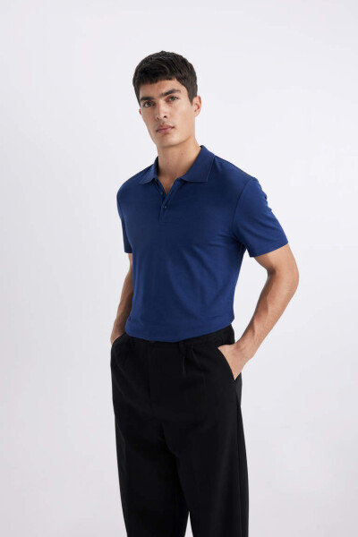 Slim Fit Polo Collar Basic Short Sleeve Cotton T-Shirt Dark Indigo - 3