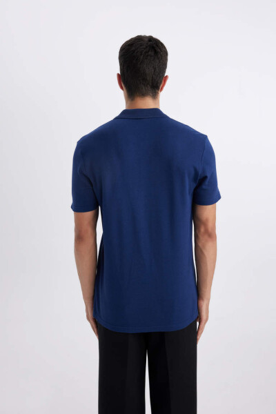 Slim Fit Polo Collar Basic Short Sleeve Cotton T-Shirt Dark Indigo - 5