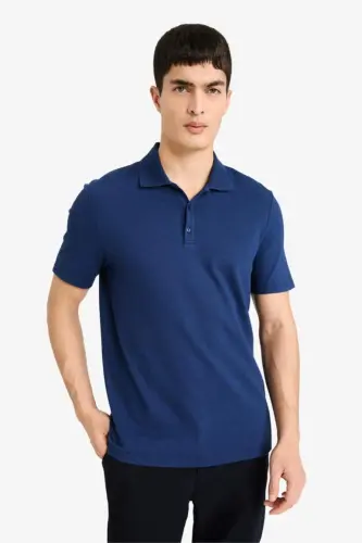 Slim Fit Polo Collar Basic Short Sleeve Cotton T-Shirt Dark Indigo - 3