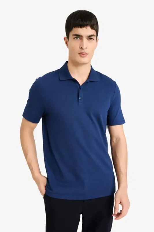 Slim Fit Polo Collar Basic Short Sleeve Cotton T-Shirt Dark Indigo - 3