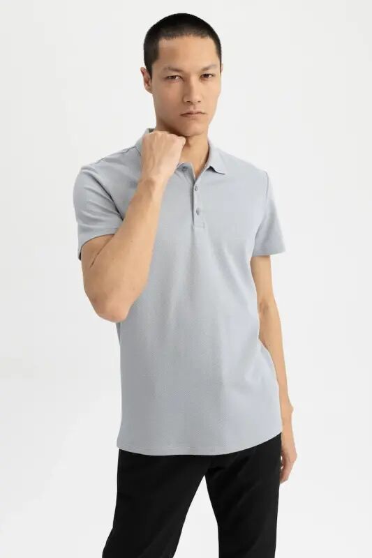 Slim Fit Polo Collar Basic Short Sleeve Cotton T-Shirt Grey - 4