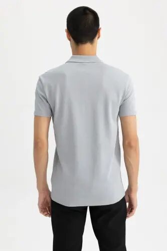 Slim Fit Polo Collar Basic Short Sleeve Cotton T-Shirt Grey - 6