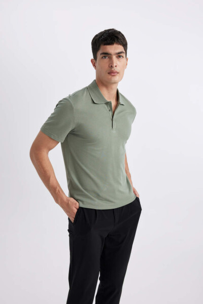 Slim Fit Polo Collar Basic Short Sleeve Cotton T-Shirt Light Green - 3