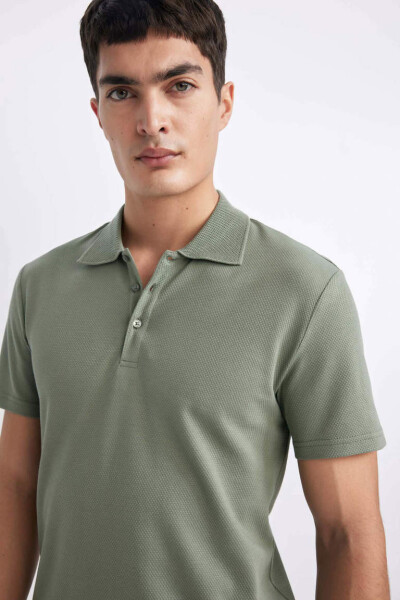 Slim Fit Polo Collar Basic Short Sleeve Cotton T-Shirt Light Green - 4