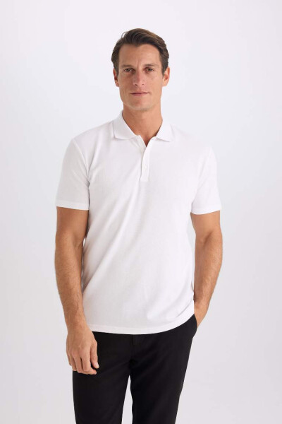 Slim Fit Polo Collar Basic Short Sleeve Cotton T-Shirt White - 1