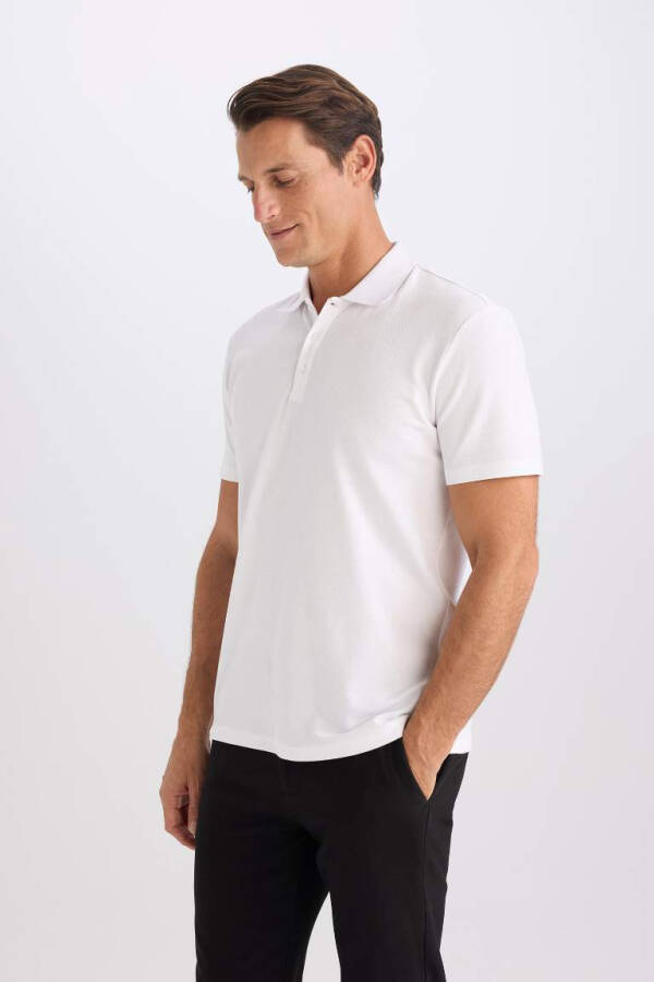 Slim Fit Polo Collar Basic Short Sleeve Cotton T-Shirt White - 3