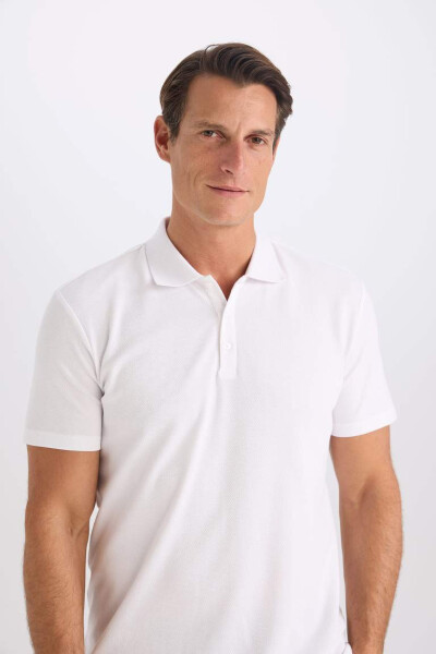 Slim Fit Polo Collar Basic Short Sleeve Cotton T-Shirt White - 4