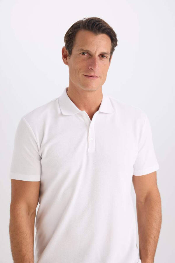 Slim Fit Polo Collar Basic Short Sleeve Cotton T-Shirt White - 4