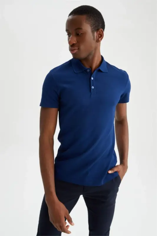Slim Fit Polo Collar Basic Short Sleeve T-Shirt Dark Indigo - 1