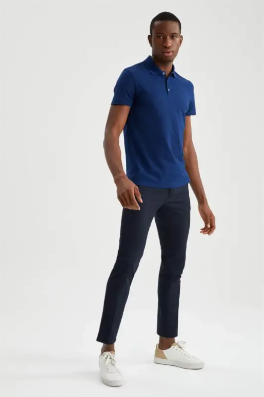 Slim Fit Polo Collar Basic Short Sleeve T-Shirt Dark Indigo - 2