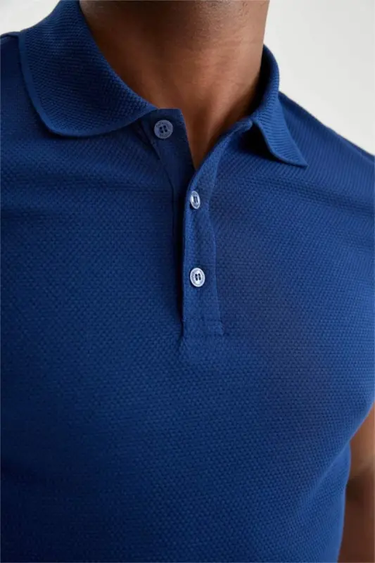 Slim Fit Polo Collar Basic Short Sleeve T-Shirt Dark Indigo - 3