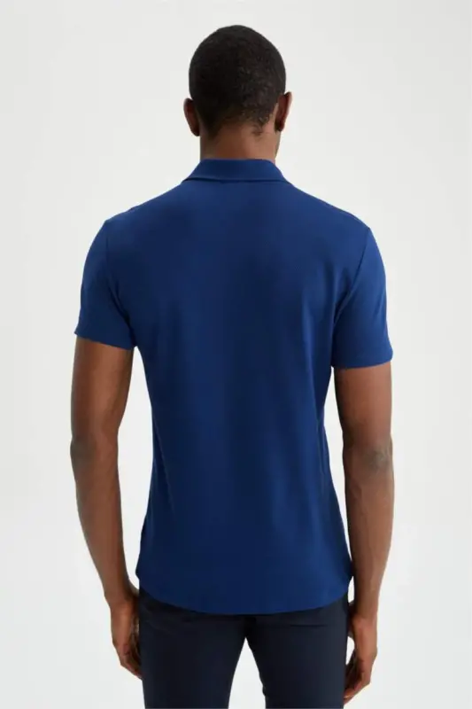 Slim Fit Polo Collar Basic Short Sleeve T-Shirt Dark Indigo - 4