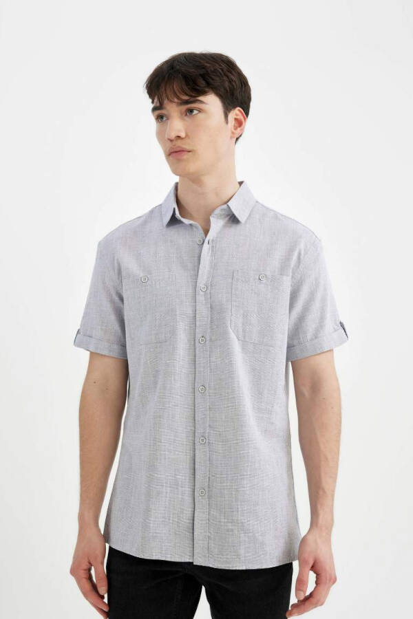 Slim Fit Polo Collar Linen Look Short Sleeve Shirt Indigo Melange - 2