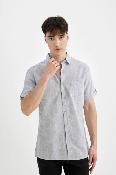 Slim Fit Polo Collar Linen Look Short Sleeve Shirt Indigo Melange - 3