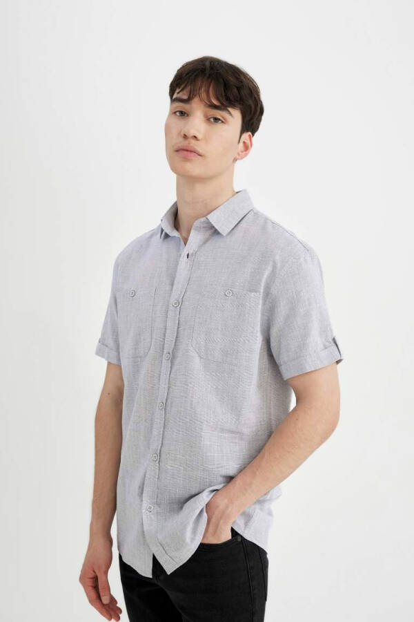 Slim Fit Polo Collar Linen Look Short Sleeve Shirt Indigo Melange - 4