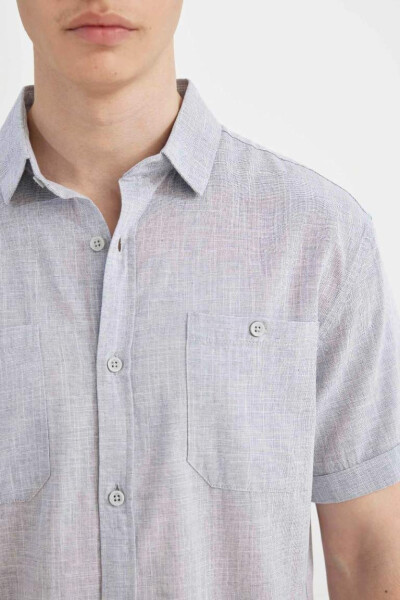 Slim Fit Polo Collar Linen Look Short Sleeve Shirt Indigo Melange - 5