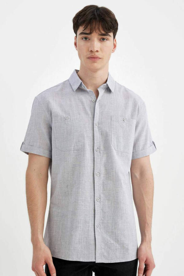 Slim Fit Polo Collar Linen Look Short Sleeve Shirt Indigo Melange - 7