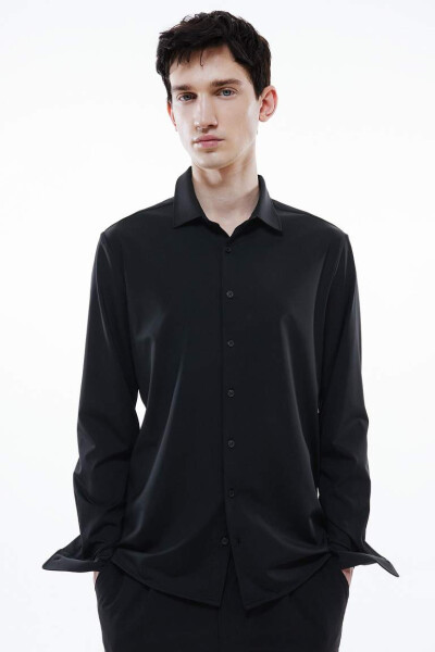 Slim Fit Polo Collar Long Sleeve Shirt Black - 1