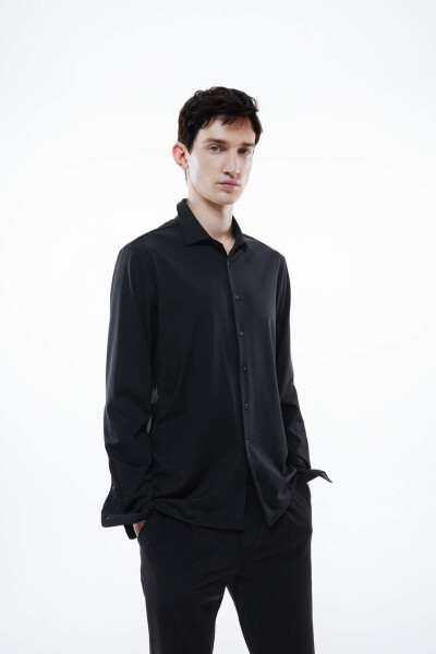 Slim Fit Polo Collar Long Sleeve Shirt Black - 3