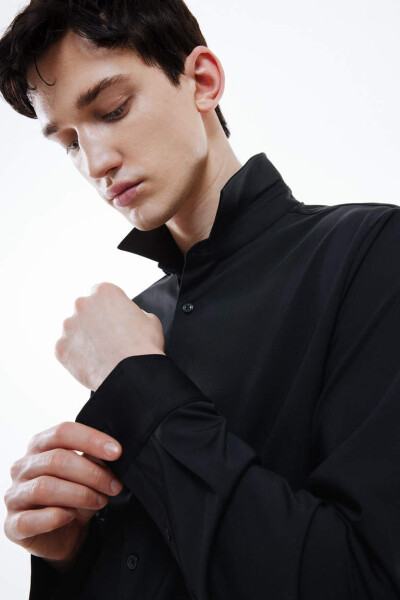 Slim Fit Polo Collar Long Sleeve Shirt Black - 4