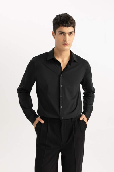 Slim Fit Polo Collar Long Sleeve Shirt Black - 5