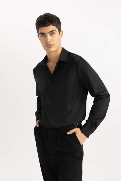 Slim Fit Polo Collar Long Sleeve Shirt Black - 7