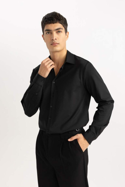 Slim Fit Polo Collar Long Sleeve Shirt Black - 8