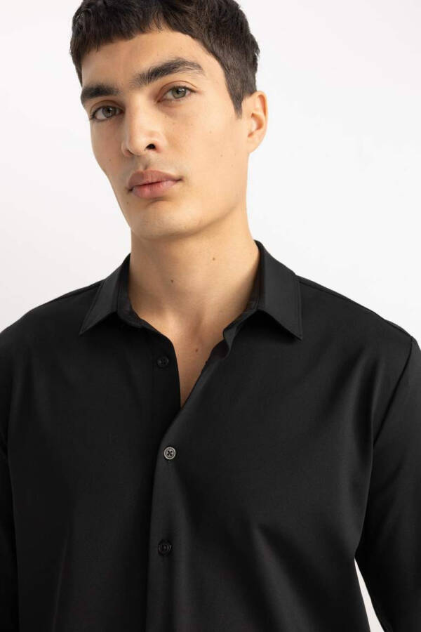 Slim Fit Polo Collar Long Sleeve Shirt Black - 9