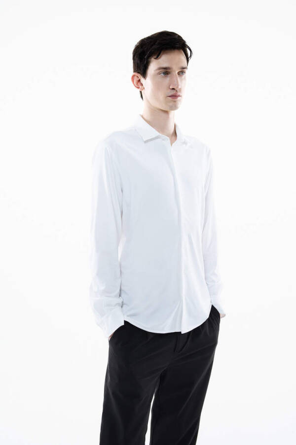 Slim Fit Polo Collar Long Sleeve Shirt White - 2