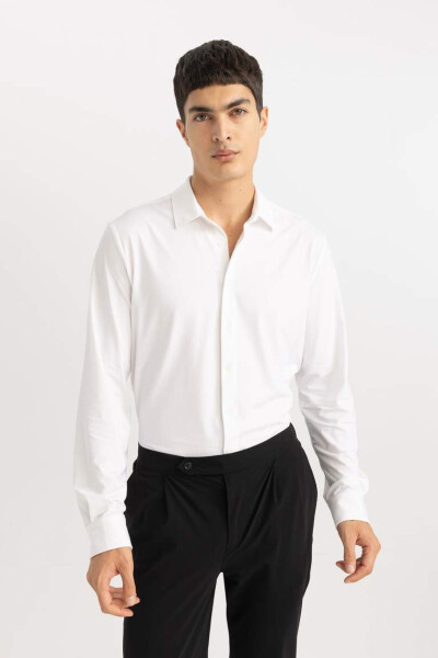 Slim Fit Polo Collar Long Sleeve Shirt White - 3