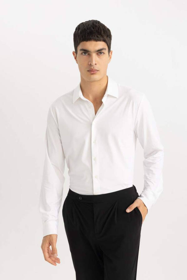 Slim Fit Polo Collar Long Sleeve Shirt White - 5