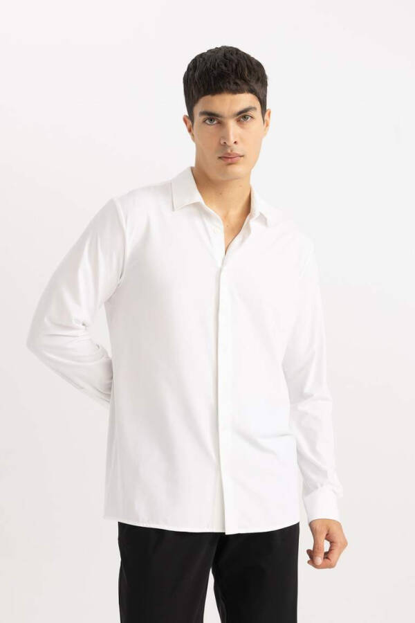 Slim Fit Polo Collar Long Sleeve Shirt White - 6