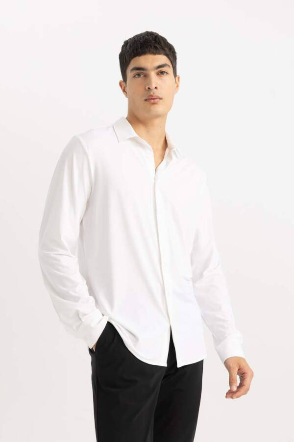 Slim Fit Polo Collar Long Sleeve Shirt White - 7