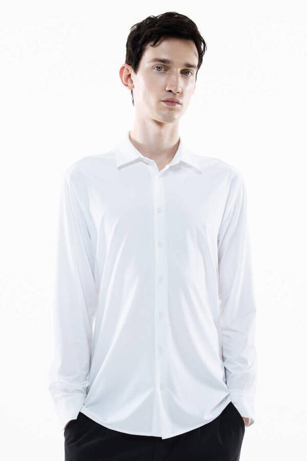 Slim Fit Polo Collar Long Sleeve Shirt White - 10