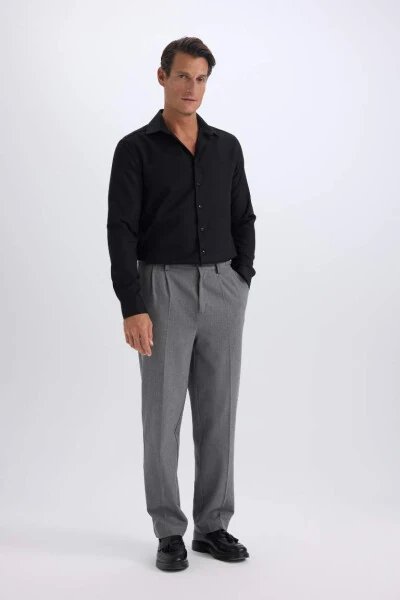 Slim Fit Polo Collar Poplin Long Sleeve Cotton Shirt Black - DEFACTO (1)