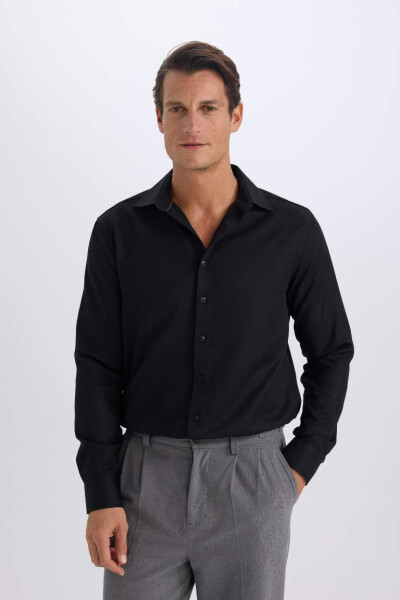 Slim Fit Polo Collar Poplin Long Sleeve Cotton Shirt Black - 1