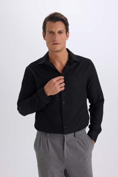 Slim Fit Polo Collar Poplin Long Sleeve Cotton Shirt Black - 3