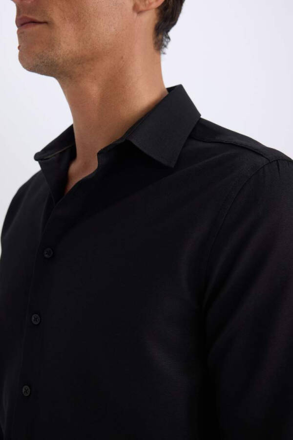 Slim Fit Polo Collar Poplin Long Sleeve Cotton Shirt Black - 5