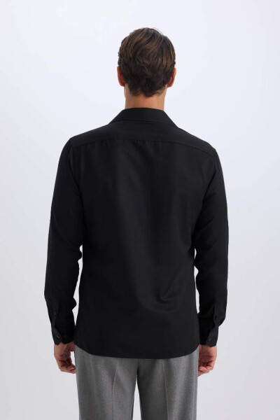 Slim Fit Polo Collar Poplin Long Sleeve Cotton Shirt Black - 6