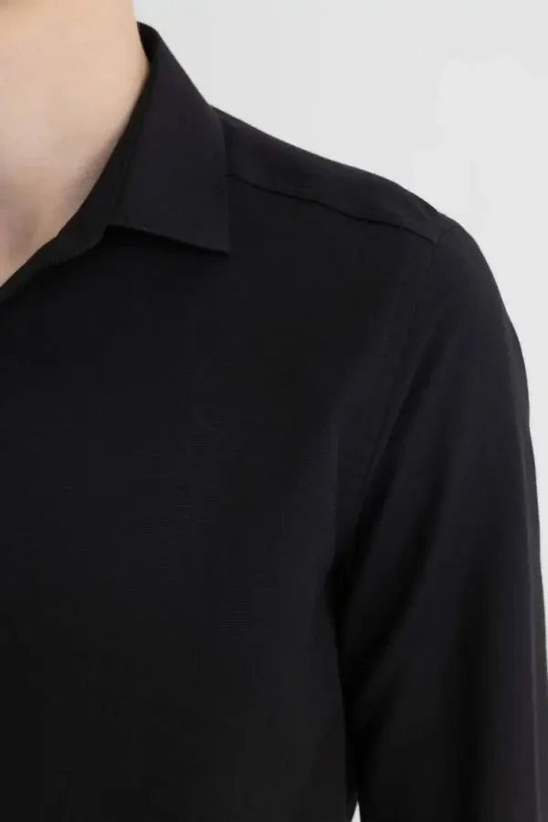 Slim Fit Polo Collar Poplin Long Sleeve Shirt Black - 11