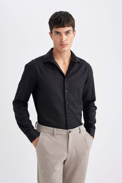 Slim Fit Polo Collar Poplin Long Sleeve Shirt Black - 1