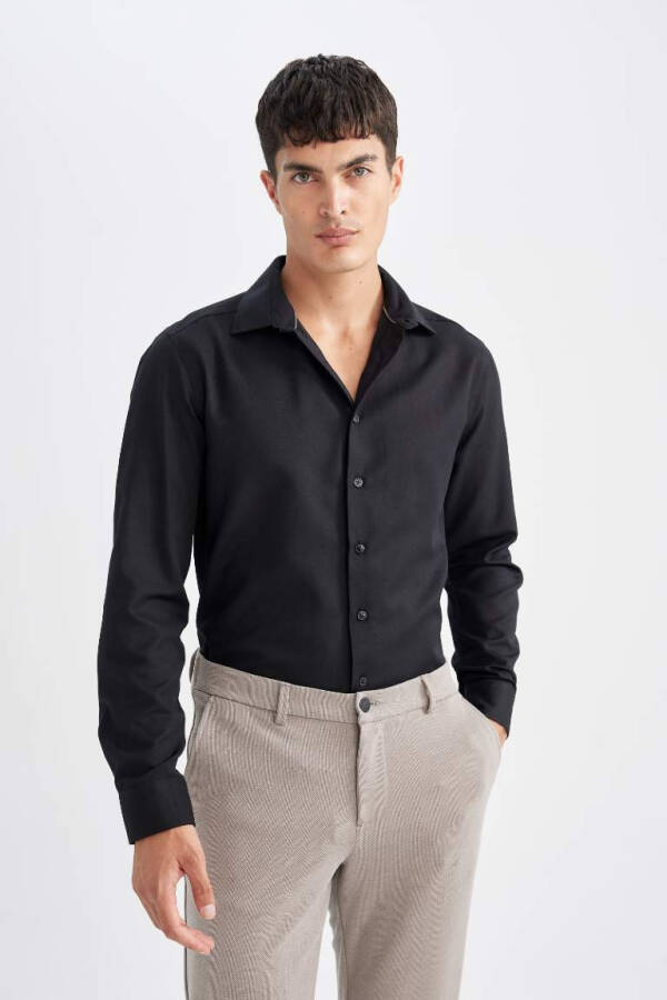 Slim Fit Polo Collar Poplin Long Sleeve Shirt Black - 3