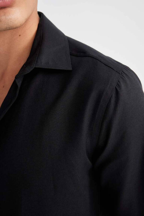 Slim Fit Polo Collar Poplin Long Sleeve Shirt Black - 5