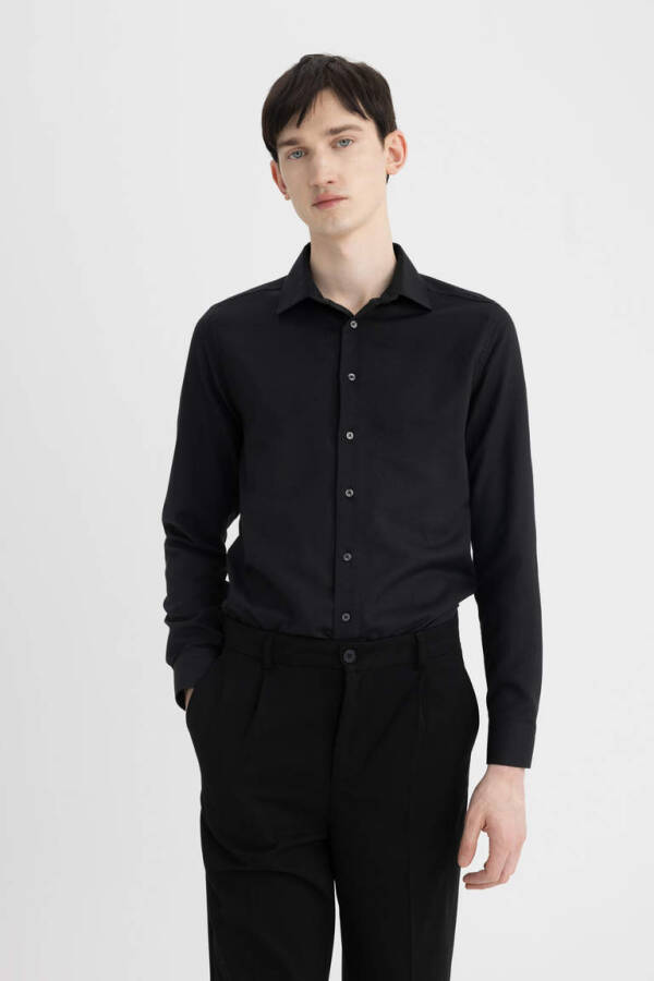 Slim Fit Polo Collar Poplin Long Sleeve Shirt Black - 7