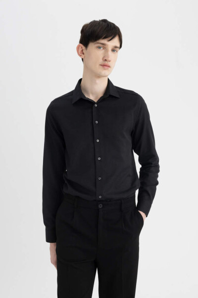 Slim Fit Polo Collar Poplin Long Sleeve Shirt Black - 9