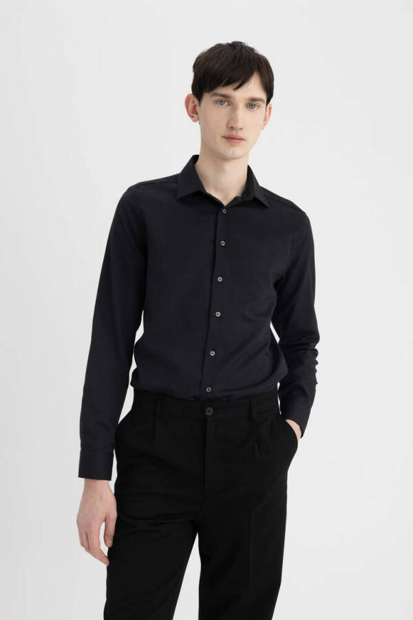 Slim Fit Polo Collar Poplin Long Sleeve Shirt Black - 10