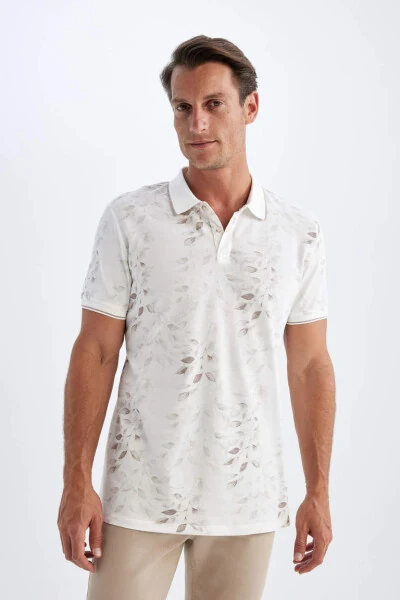 Slim Fit Polo Collar Printed Short Sleeve T-Shirt Off-White - Defacto
