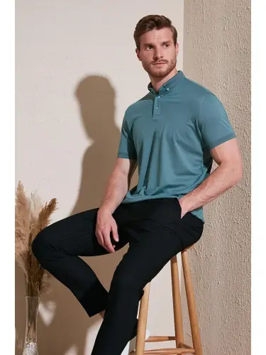 Slim Fit Polo Воротник Короткие Рукава Мужская Футболка 646R1000-Зеленый - 1