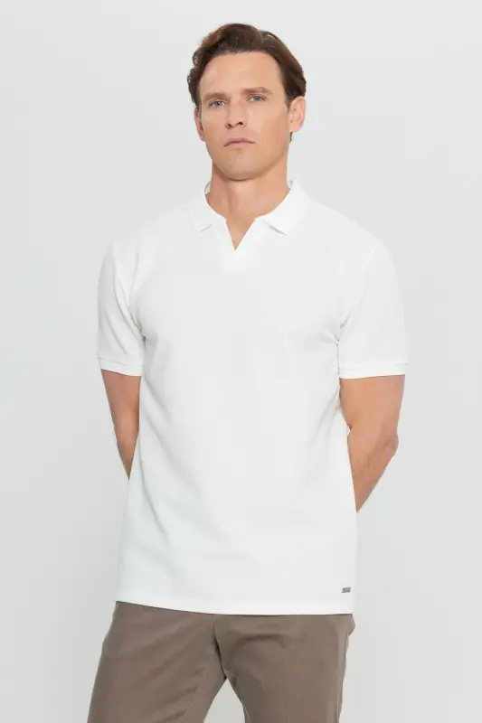 Slim Fit Поло Воротник Жаккардовый Эластичный Экрю Футболка-Экрю - 3