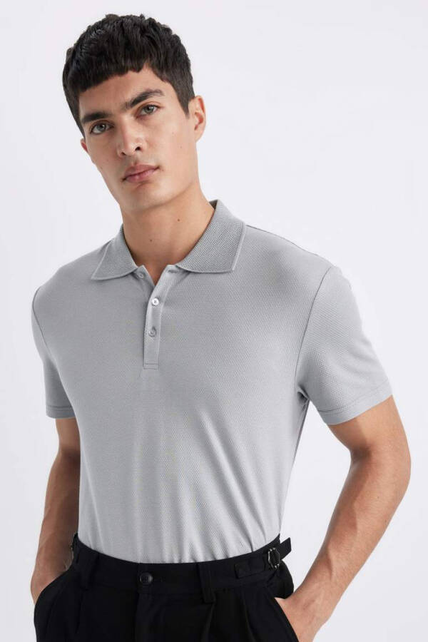 Slim Fit Polo Yaka Basic Kısa Kollu Pamuklu Tişört Gri - 1